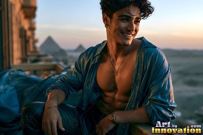 On a balcony before the pyramids, a cheerful man sits in an open deep teal shirt