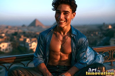 Smiling on a balcony, a man in an open blue silk shirt sits before the pyramids