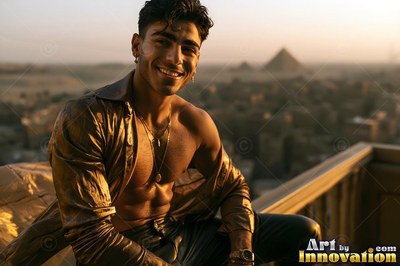 Happy man dressed in an unbuttoned gold shirt on a balcony above pyramids