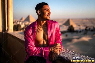 A man in an unbutton ed pink silk shirt smiles on a balcony above pyramids at sunset