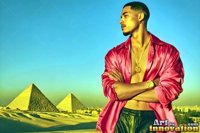 A man crosses his arms before the pyramids under a clear turquoise sky