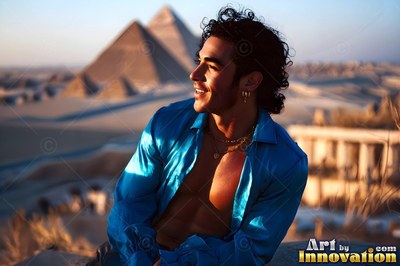 Profile of a smiling man in a blue light silk shirt before the Giza pyramids
