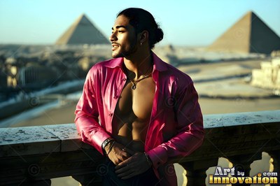 On a stone balcony, a man in an open pink shirt leans back near the pyramids