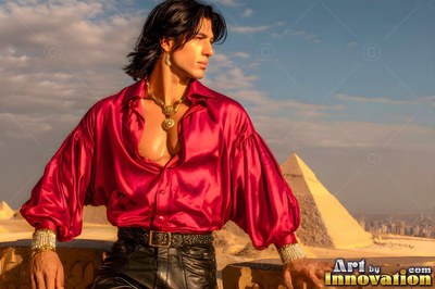 A man in a red smooth silk shirt stands before the pyramids
