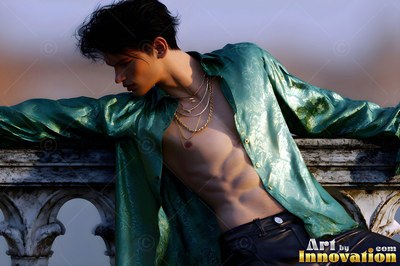 Leaning back against a stone balcony, a youthful man wears an open green light silk shirt
