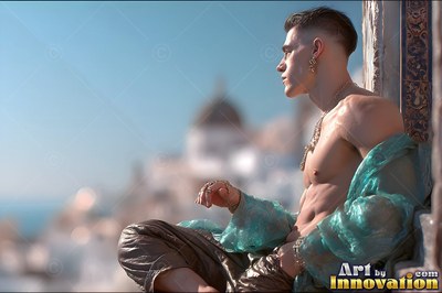 A shirtless youthful man in a loose turquoise robe sits outside in warm sunlight