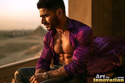 Sitting on a balcony, a muscular man in an open deep purple shirt looks toward the pyramids at sunset