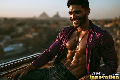 A smiling man wearing an open dark purple shirt on a balcony