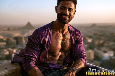 A grinning man in an unbuttoned purple thin silk shirt sits on a balcony above Giza pyramids