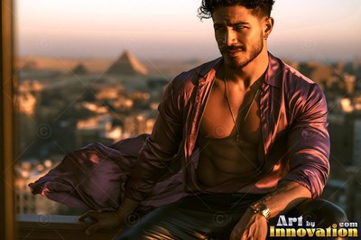 A man sits on a balcony above Giza in an unbuttoned dark purple shirt under warm sunset light