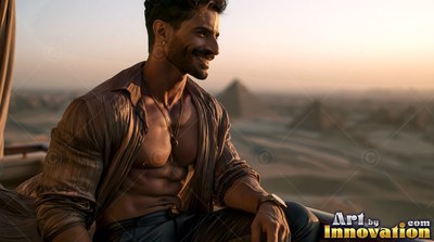 Sitting on a balcony, a smiling man in an unbuttoned brown shirt overlooks pyramids