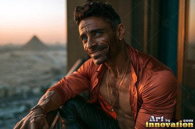 Smiling man in an unbuttoned rust shirt on a balcony before a pyramid