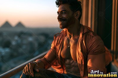 Unbuttoned light silk shirt on a cheerful man leaning over a balcony by the pyramids