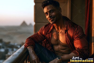 A cheerful man leans on a balcony in an unbuttoned red shirt under warm sunset light