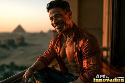 Grinning man sits on a high balcony overlooking pyramids at sunset in an unbuttoned shirt