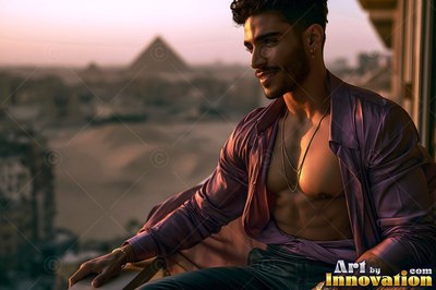 A cheerful man sits in an open purple shirt on a balcony before pyramids at sunset