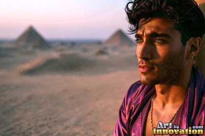 Looking into the sunset, a man in a purple smooth silk shirt stands before pyramids