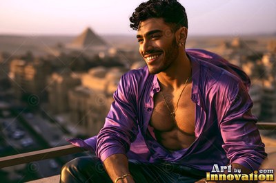 Grinning man dressed in an unbuttoned purple shirt sits on a balcony near the pyramids