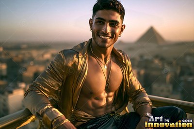 Wearing an unbuttoned gold silk shirt, a beaming man sits on a balcony above Giza pyramids