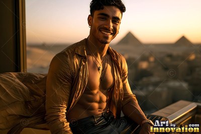 A happy man with an open gold shirt sits on a balcony before pyramids in warm sunset light