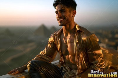 Smiling man sitting in an open gold thin silk shirt on a balcony above Giza