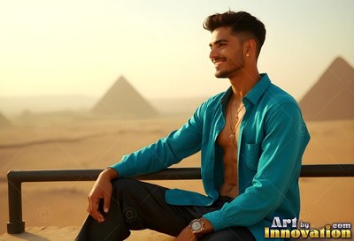 A smiling young man in an open deep teal shirt sits on a balcony before the pyramids