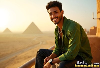 On a balcony above the pyramids, a smiling young adult man sits in an open green shirt