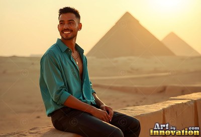 Sitting on a wall, a beaming man in a dark teal shirt rests before pyramids at sunset