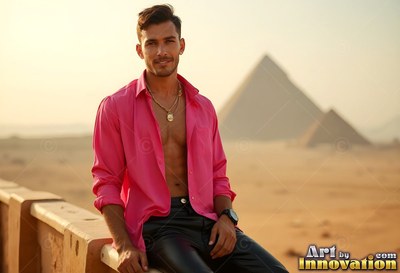 A man with an unbuttoned pink shirt sits before pyramids in hazy sun