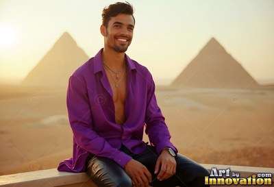 A man in an unbuttoned purple silk shirt sits on a balcony before the pyramids