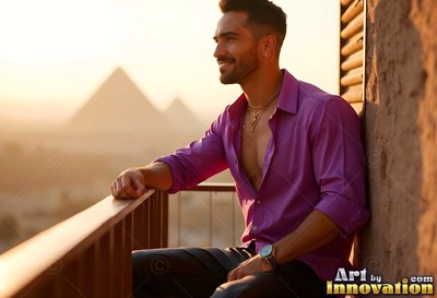 A man tilts back on a balcony railing toward pyramids in warm sunset light