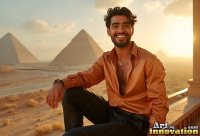 A grinning man sits in an open copper shirt on a balcony overlooking pyramids