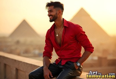 A happy man in an unbuttoned red shirt sits on a ledge with pyramids behind him