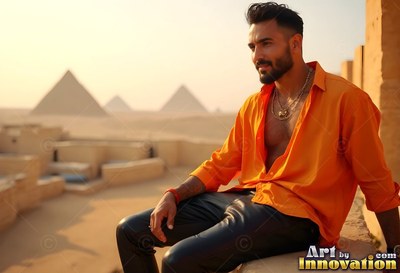 Above the desert pyramids, a bearded man sits in an open orange shirt