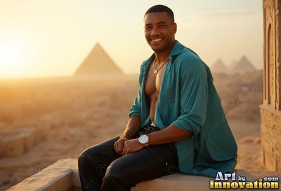 Smiling on a stone balcony, a man in an open bright teal shirt sits before pyramids at sunset
