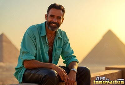 A bearded man in an open deep teal shirt sitting near the pyramids