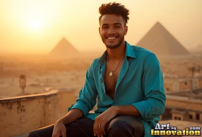 Unbuttoned turquoise shirt on a cheerful man sitting on a balcony near the pyramids at sunset