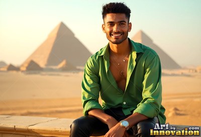 A cheerful man sits in an open green shirt before the pyramids in warm sunlight