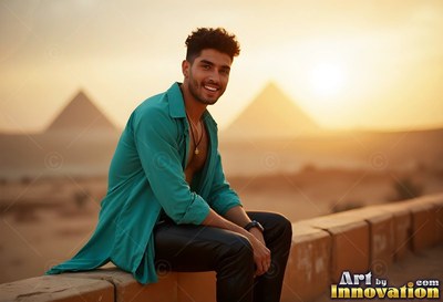 Sitting on a low wall, a happy man in a teal shirt rests before the Giza pyramids