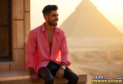 A beaming man sits on a stone wall in an open pink shirt near a pyramid