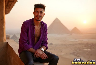 On a balcony above pyramids at sunset, a happy man sits in an open bright purple shirt