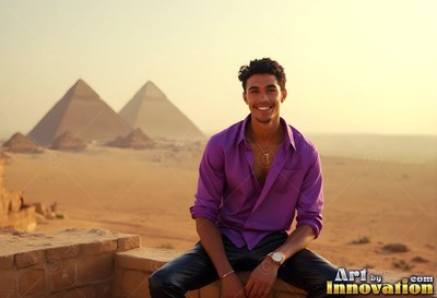 Smiling on a stone wall, a man dressed in an open purple shirt sits before the pyramids