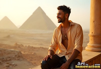 Smiling man wearing an unbuttoned tan shirt sitting near the pyramids