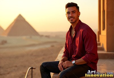 A smiling man in a dark red light silk shirt sits on a sunny balcony above the pyramids