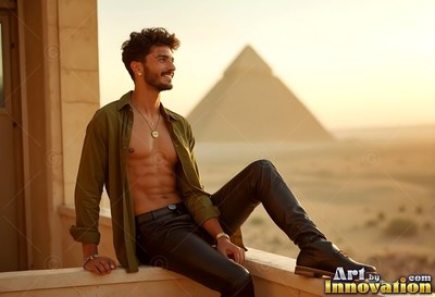 A smiling man sits on a balcony before a pyramid in warm afternoon light