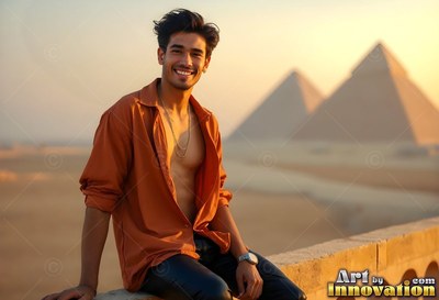 Sitting on a stone ledge, a grinning man in an open orange shirt near the pyramids