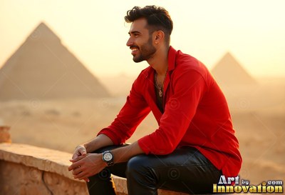 A grinning man in a red shirt sits on a ledge with the pyramids behind him