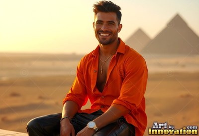 Before the desert pyramids, a grinning man sits in an open orange shirt at sunset
