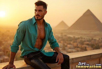 Sitting on a balcony, a man wearing an open teal silk shirt looks out over the pyramids at sunset