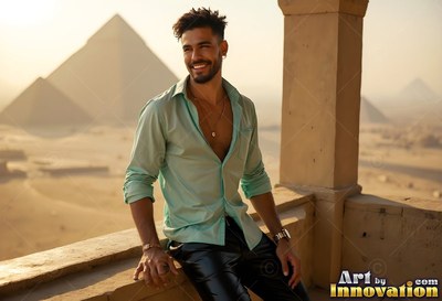 Unbuttoned pale green shirt on a grinning man leaning against a balcony above the pyramids